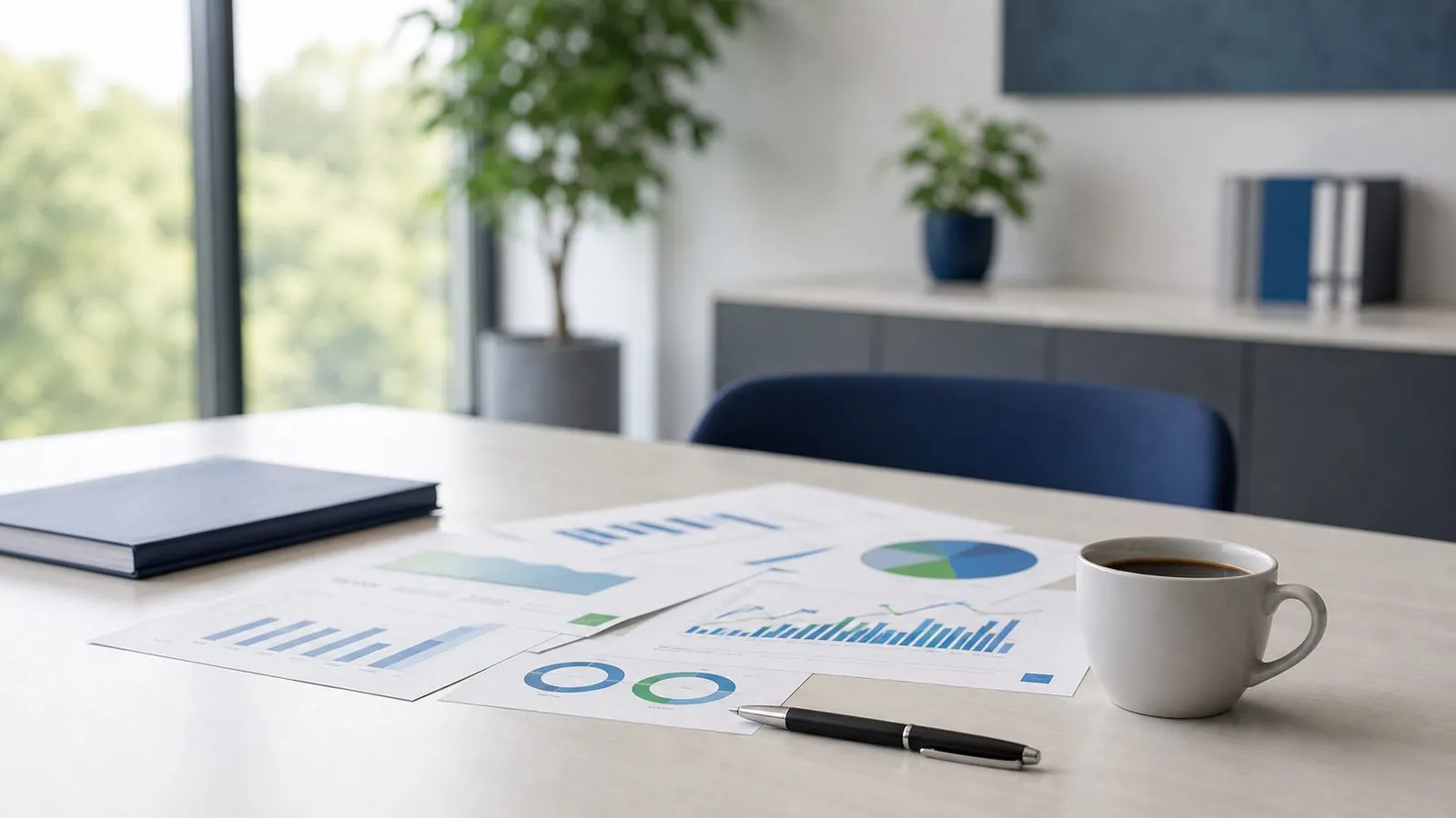 Tableau de bord et graphiques imprimés posés sur une table de réunion