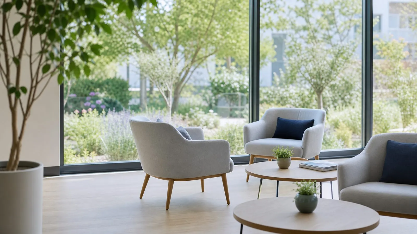 Espace commun d’un établissement médico-social ouvert sur un jardin