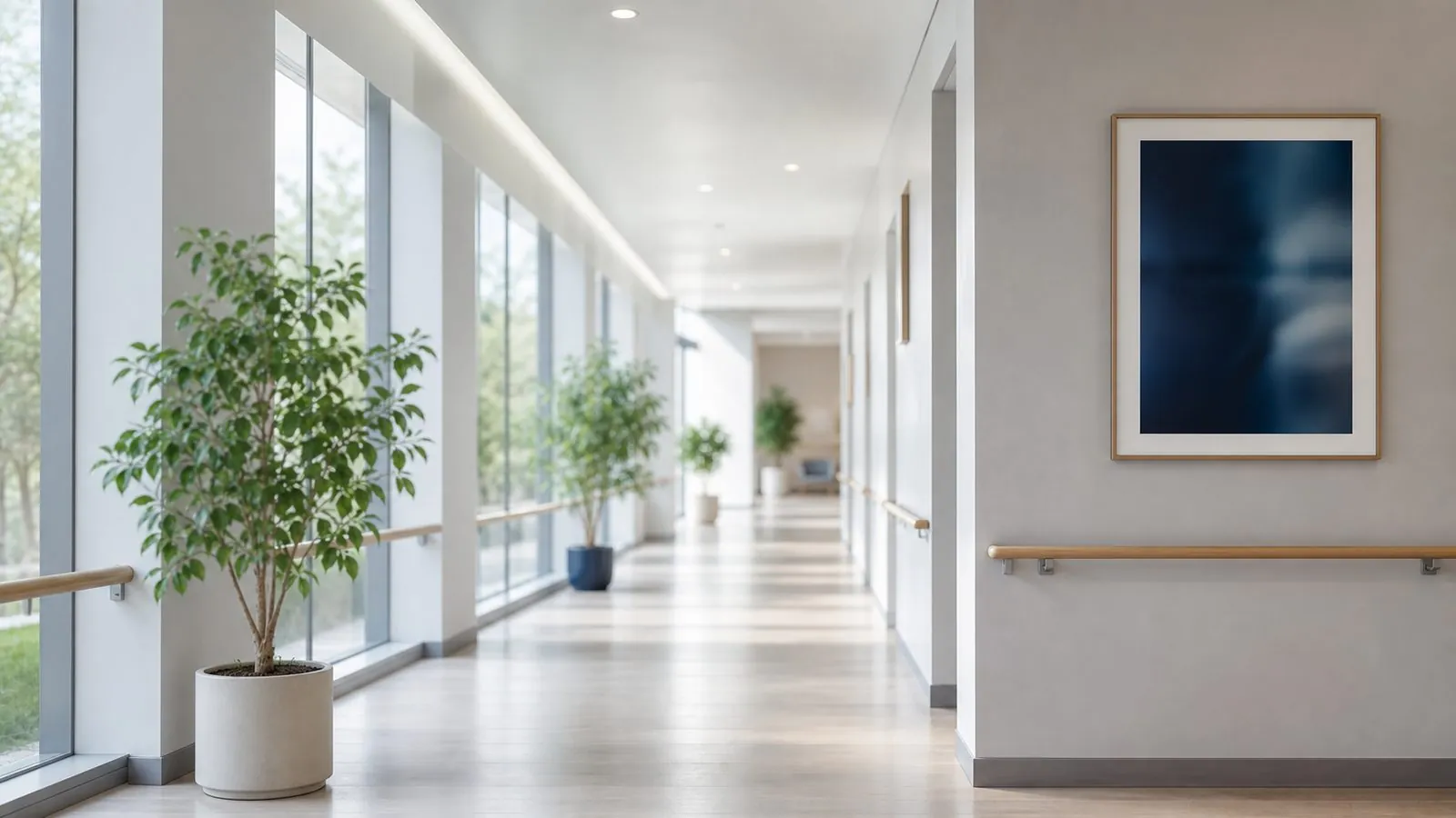 Couloir lumineux d’un établissement médico-social bordé de plantes vertes